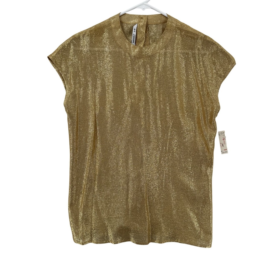 St John Top Womens 4 Gold Metallic Button Back Short Sleeve Party Blouse USA NWT